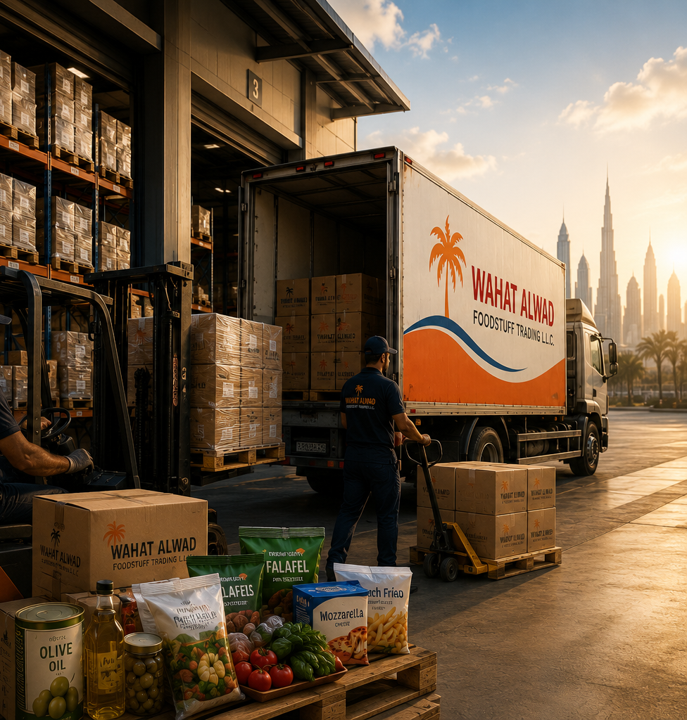 Wahat Al Wadi branded delivery truck with frozen vegetables, falafel, mozzarella, french fries and other food products
